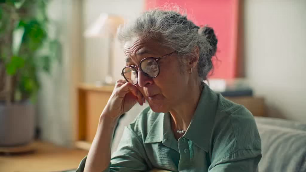 A woman deep in thought about her savings.